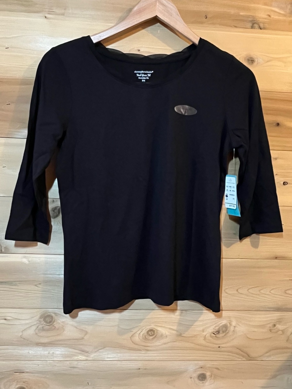 Christopher & Banks black satin trimmed Everyday fit 3/4 sleeve top NWT